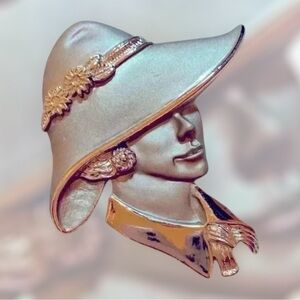 Vintage Art Nouveau Stamped Torino Lady in a Hat, Brushed & Shiny Silver Brooch